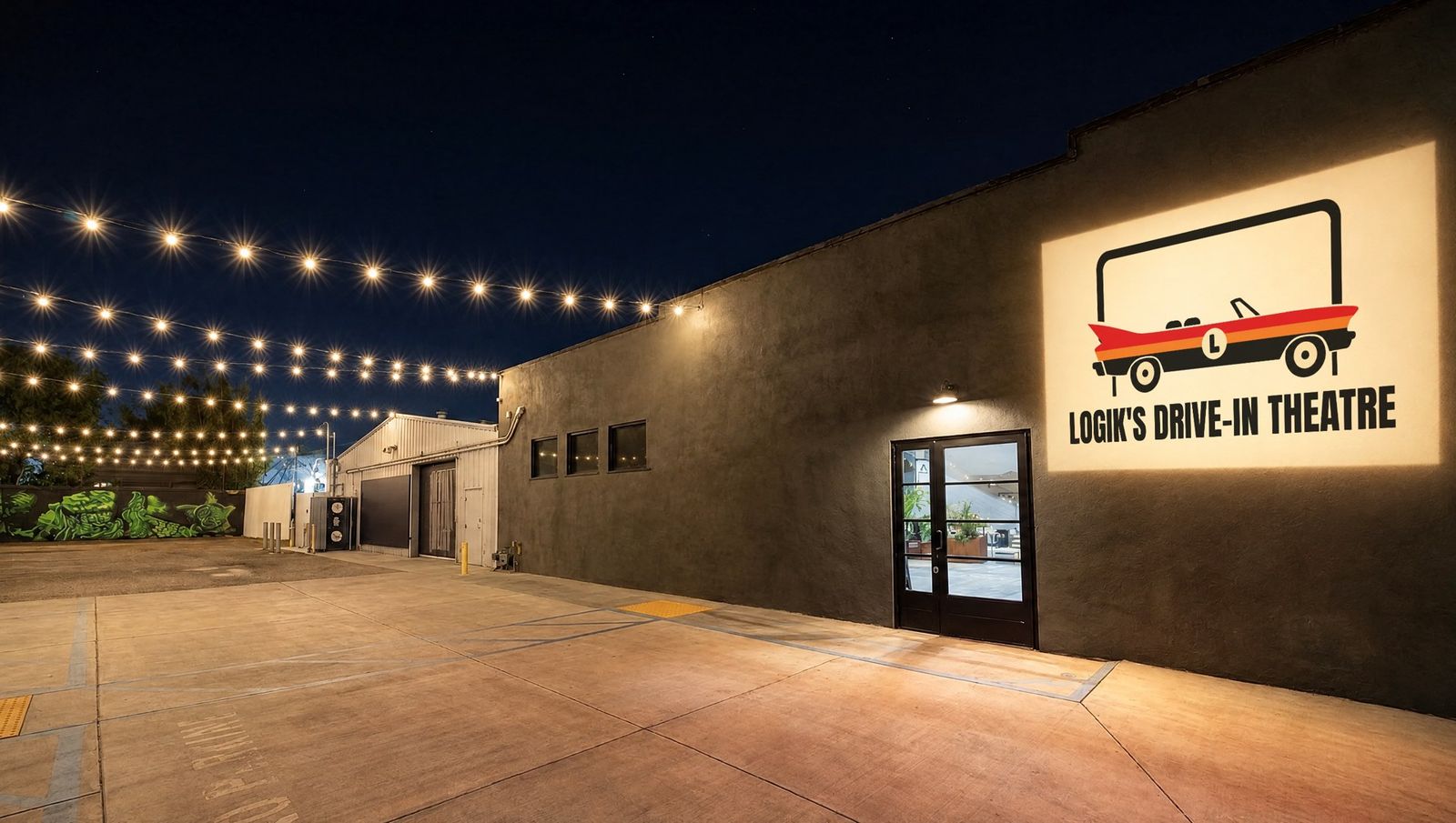Concept: the Secret Walls building at night, the LOGIK'S DRIVE-IN THEATRE lockup projected on the long wall