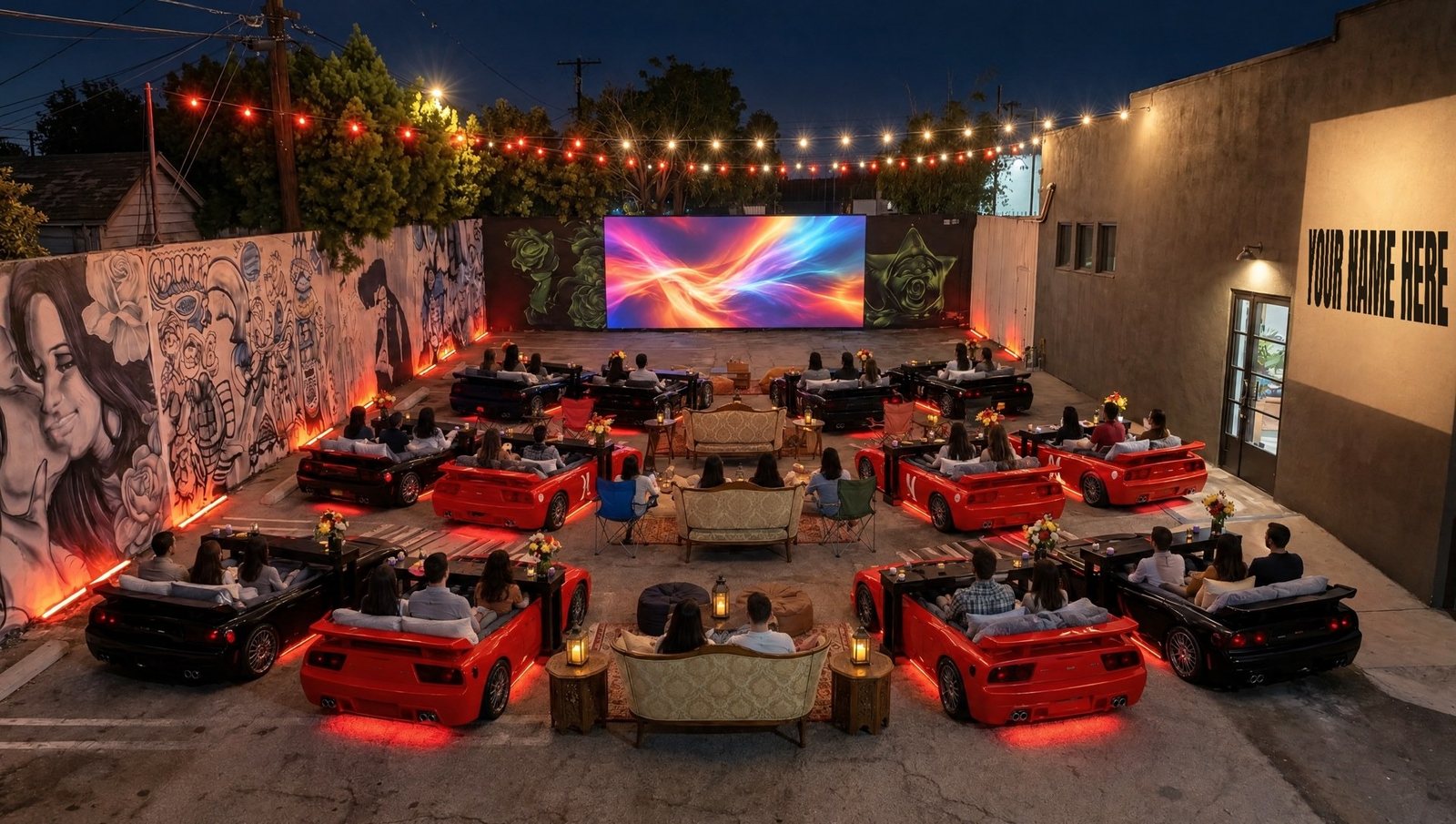 Concept: the Secret Walls yard at night, red car beds facing the big screen, string lights overhead