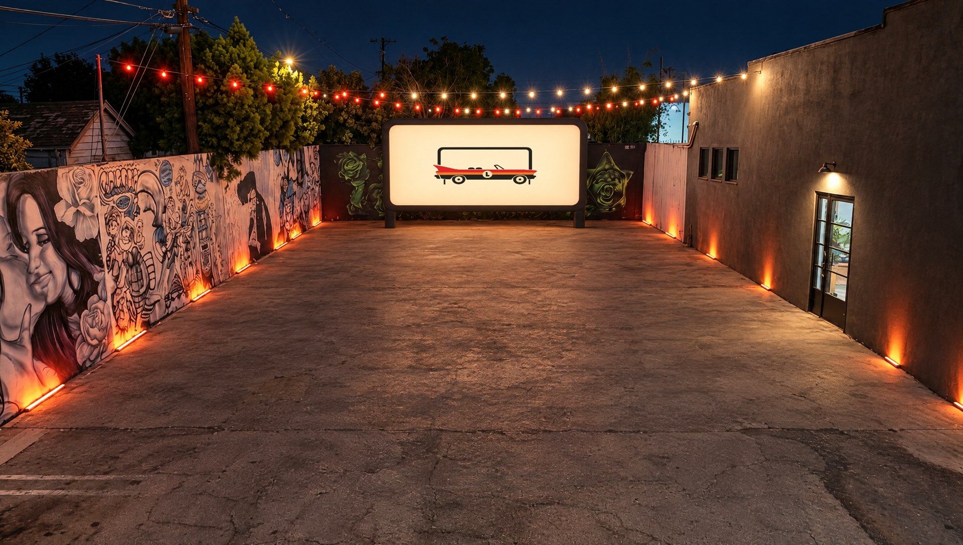 Concept: the empty lot at night, string lights, the car mark glowing on the big screen