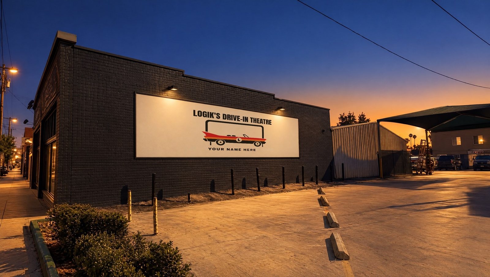 Concept: the building at dusk, a marquee wall reading YOUR NAME HERE