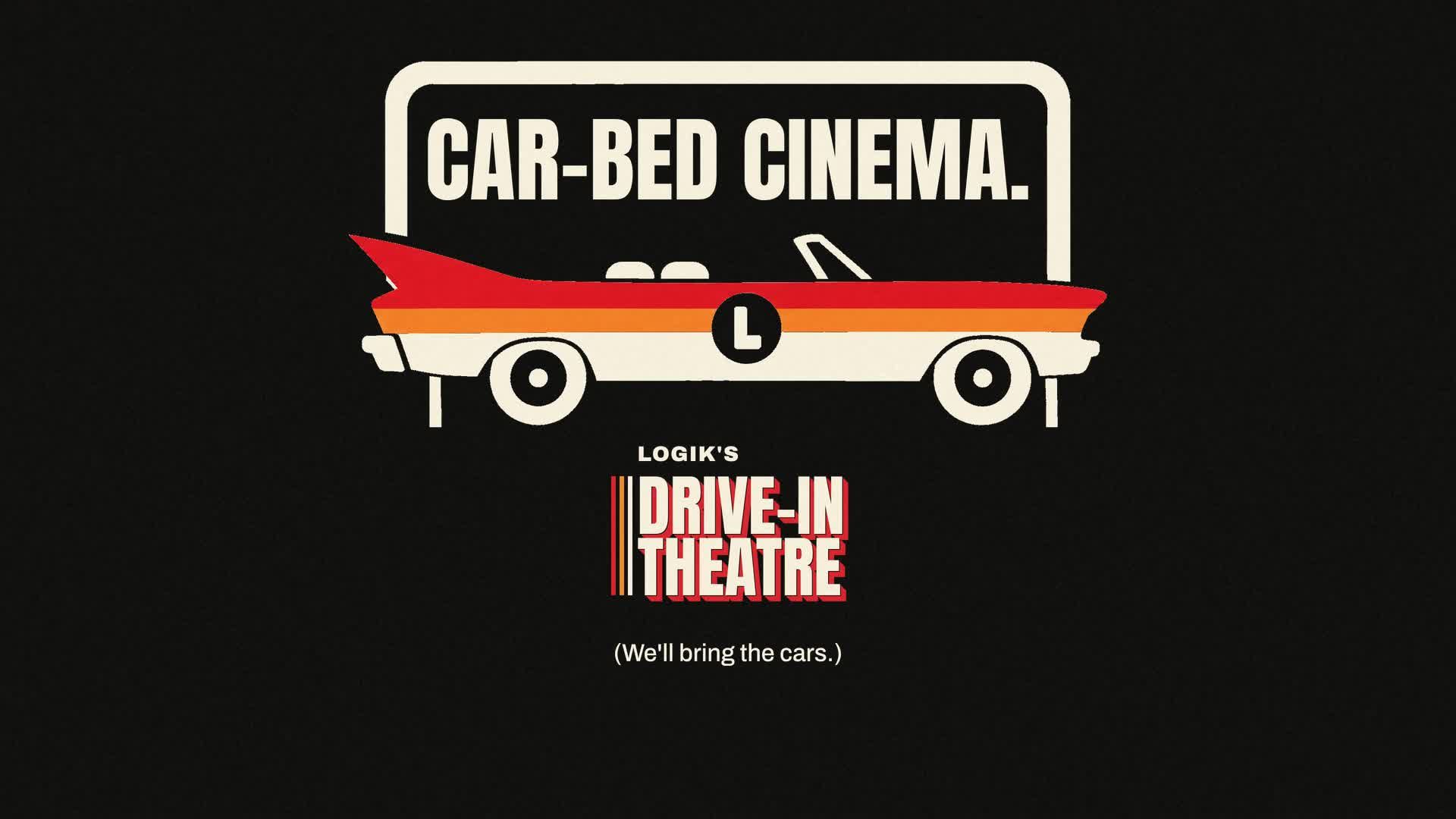 A convertible parked in front of a glowing drive-in screen reading CAR-BED CINEMA, under LOGIK'S DRIVE-IN THEATRE
