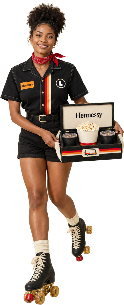 Concept: a server on roller skates in the house shirt and red scarf, carrying a tray of popcorn and drinks